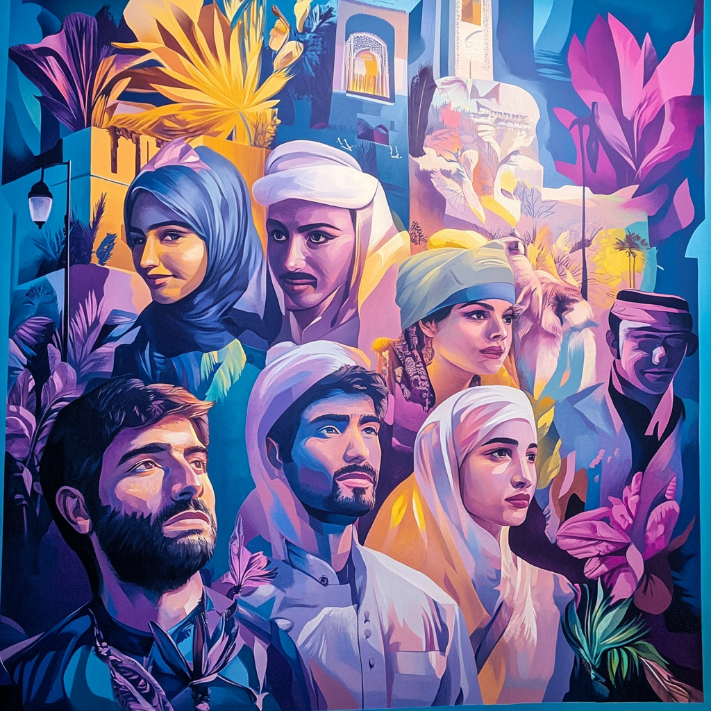 Colorful mural in Dubai representing diverse culture, landmarks, 3D.