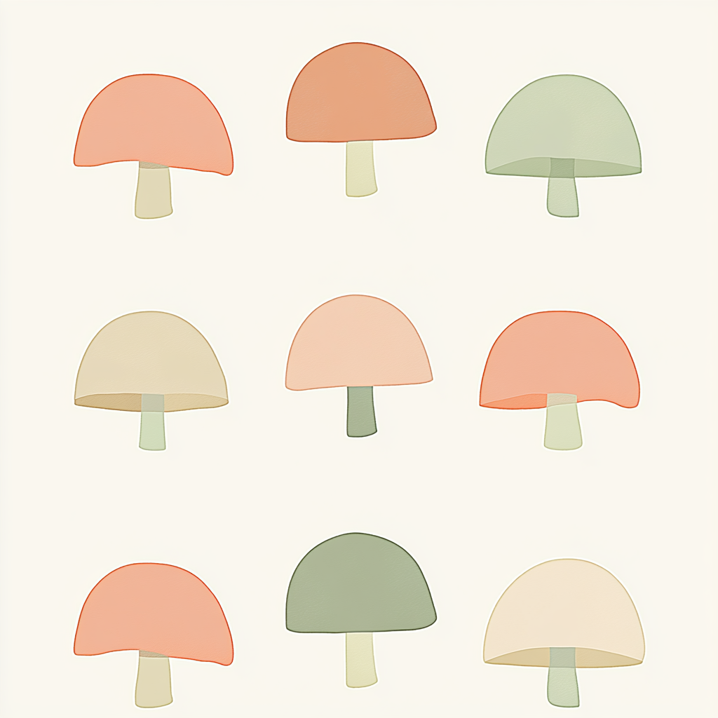 Colorful mushroom shapes on cream background with negative space.