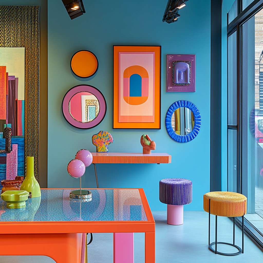 Colorful objects on gallery wall above desk