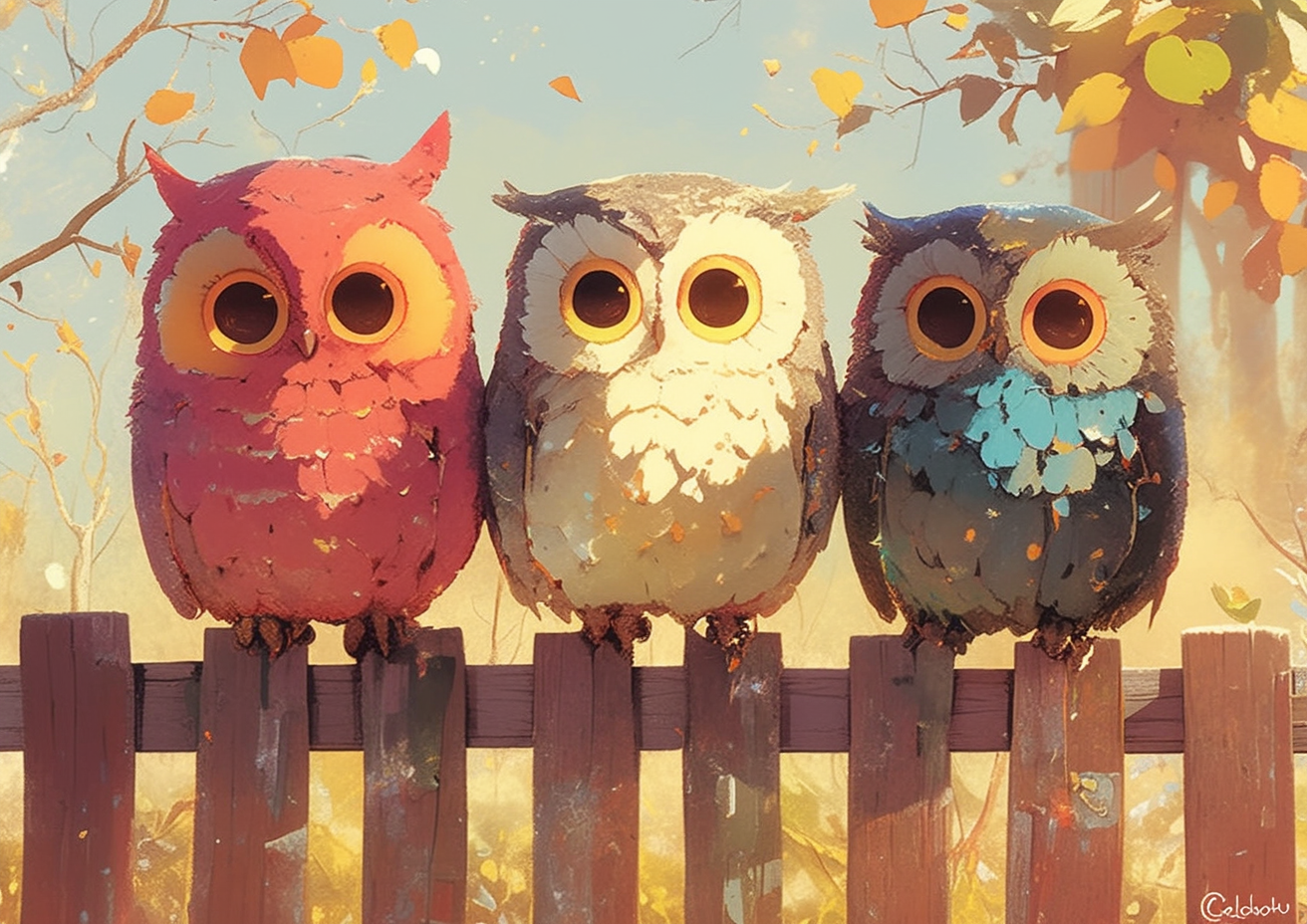 Colorful owls with big eyes on fence.