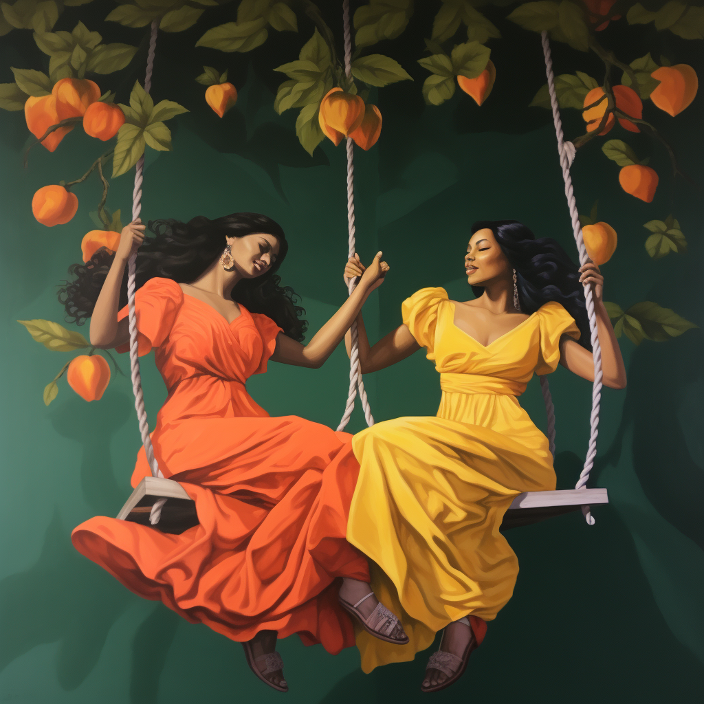 Colorful painting of swinging girls under mango tree