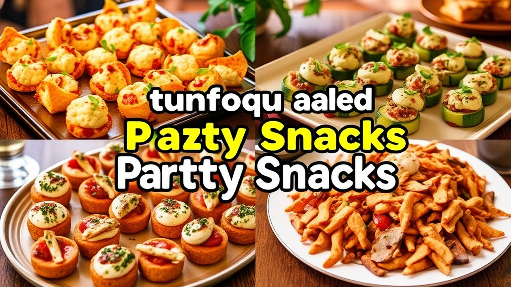 Colorful party snacks on elegant platters with text.