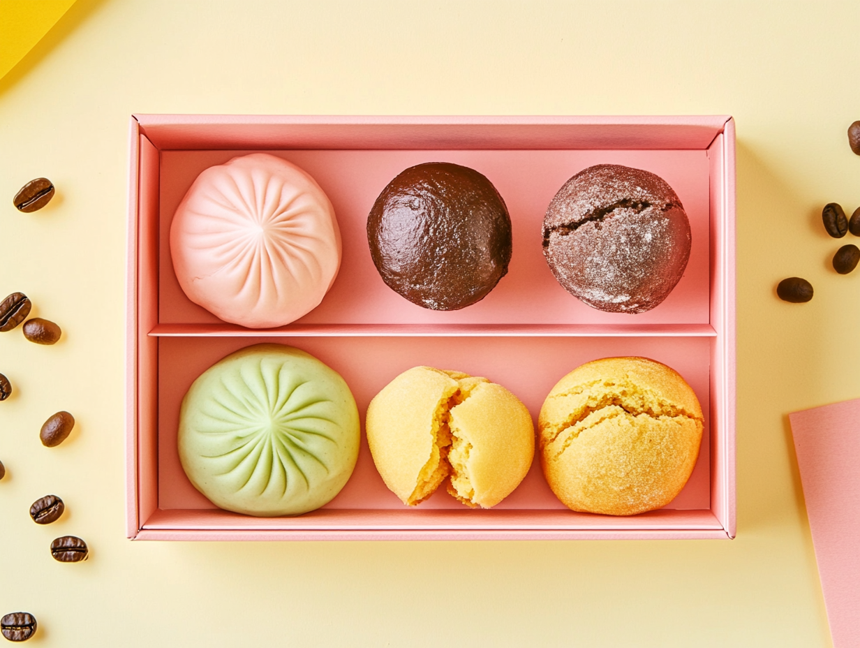 Colorful pastry box with chocolate and matcha balls