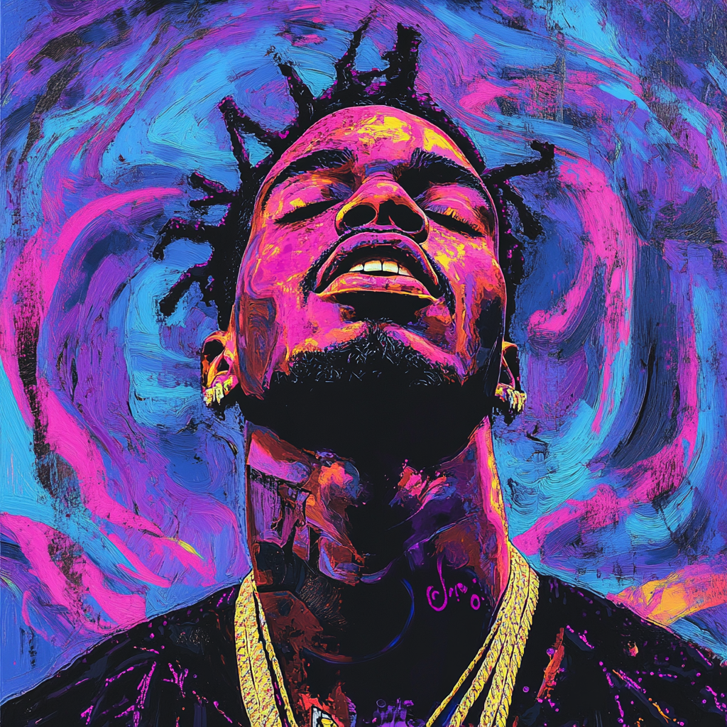 Colorful portrait of rapper with neon graffiti swirls