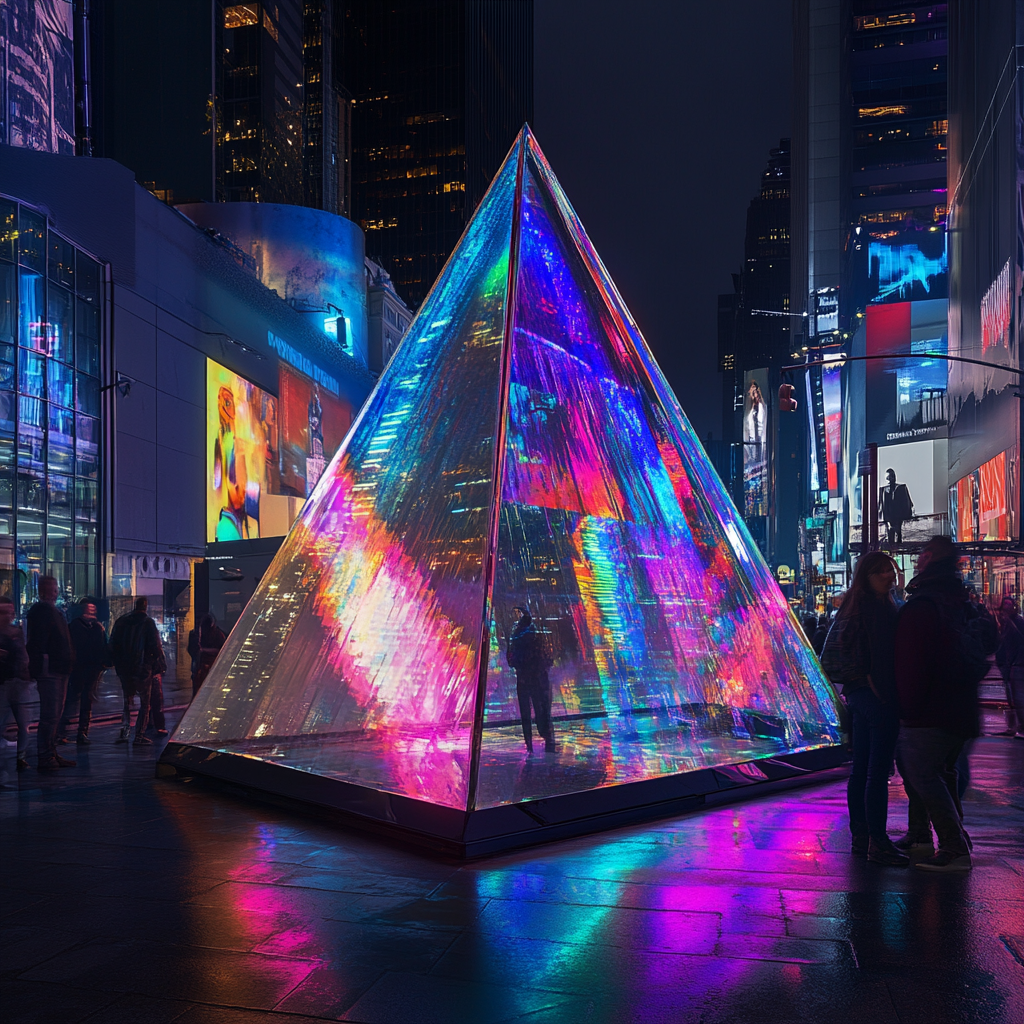 Colorful pyramid prism in Times Square lights up.