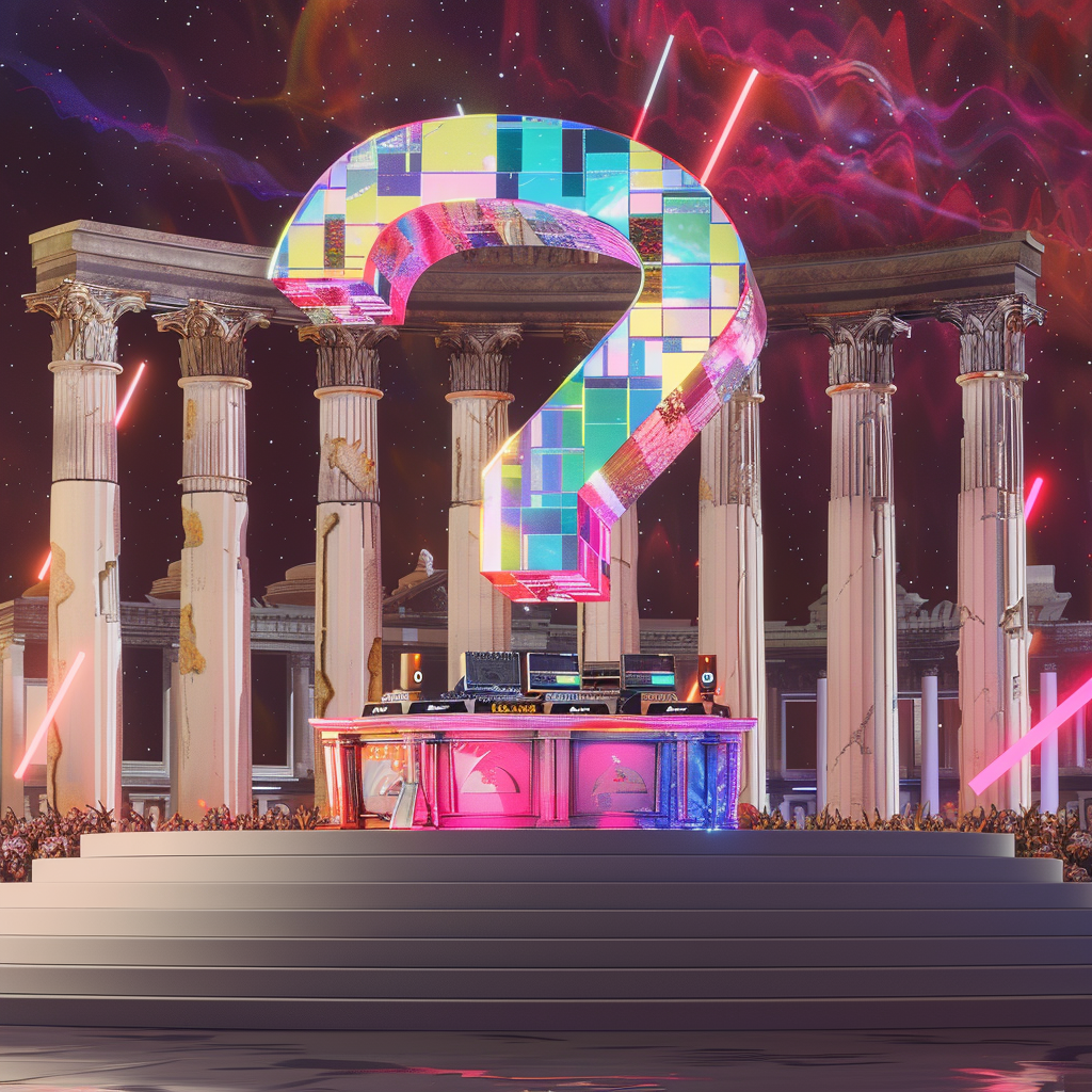 Colorful question mark stage at music festival colosseum 