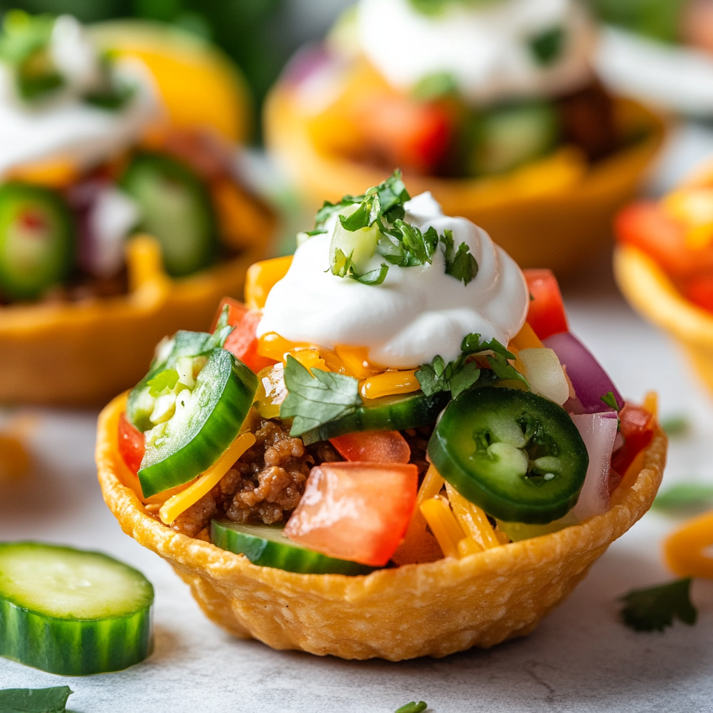 Colorful taco cups with various toppings in focus