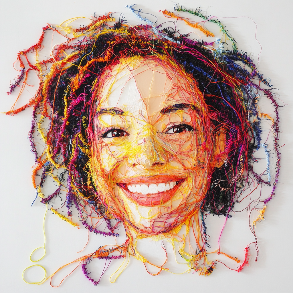 Colorful threads create smiling woman portrait on white background