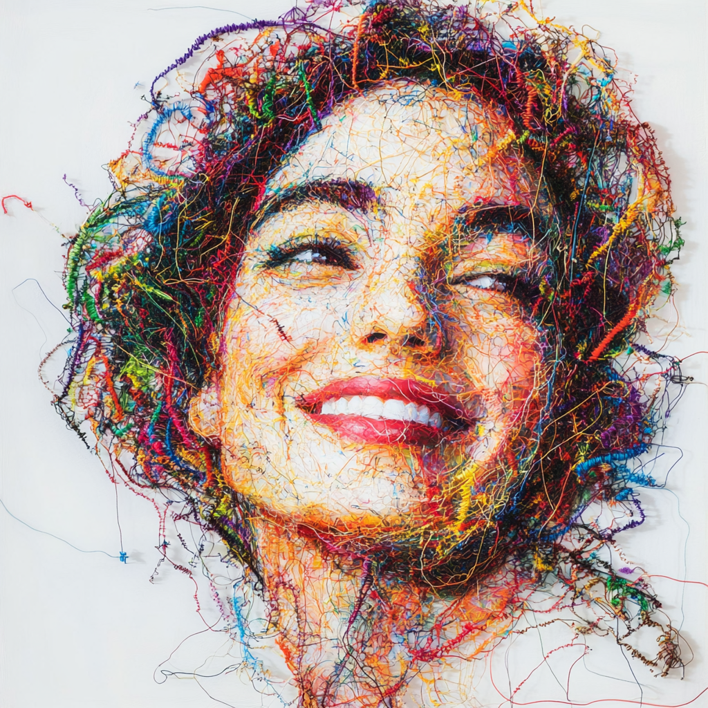 Colorful threads make smiling woman portrait on white