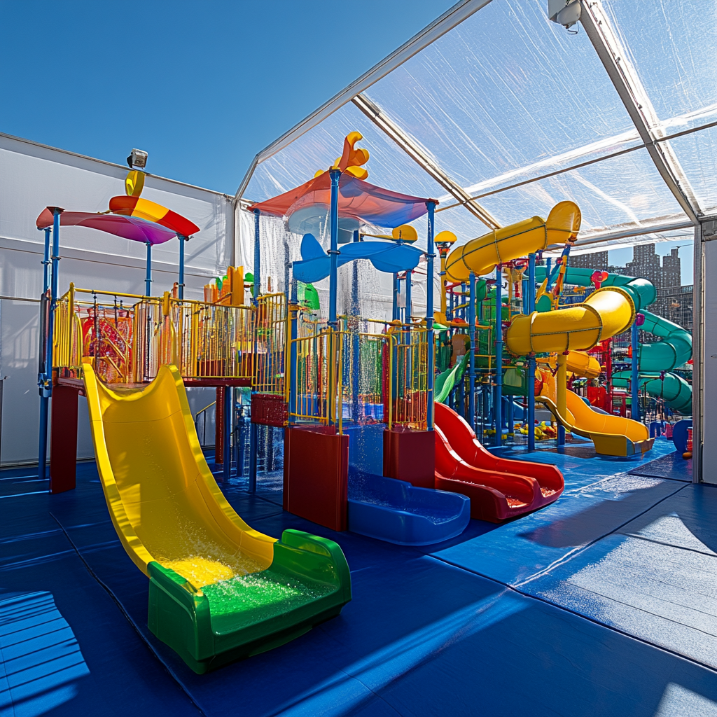 Colorful waterpark and theme park slides in NYC tent