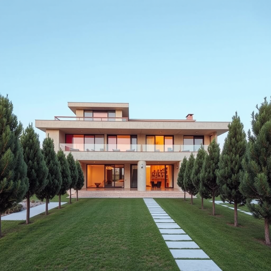 Colorful windows decorate modern villa with cedar trees.
