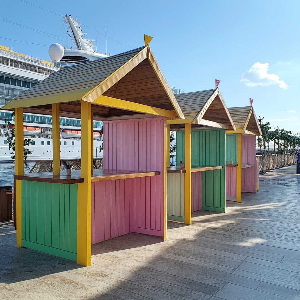 Colorful wooden bars with tents, cruise ship in background