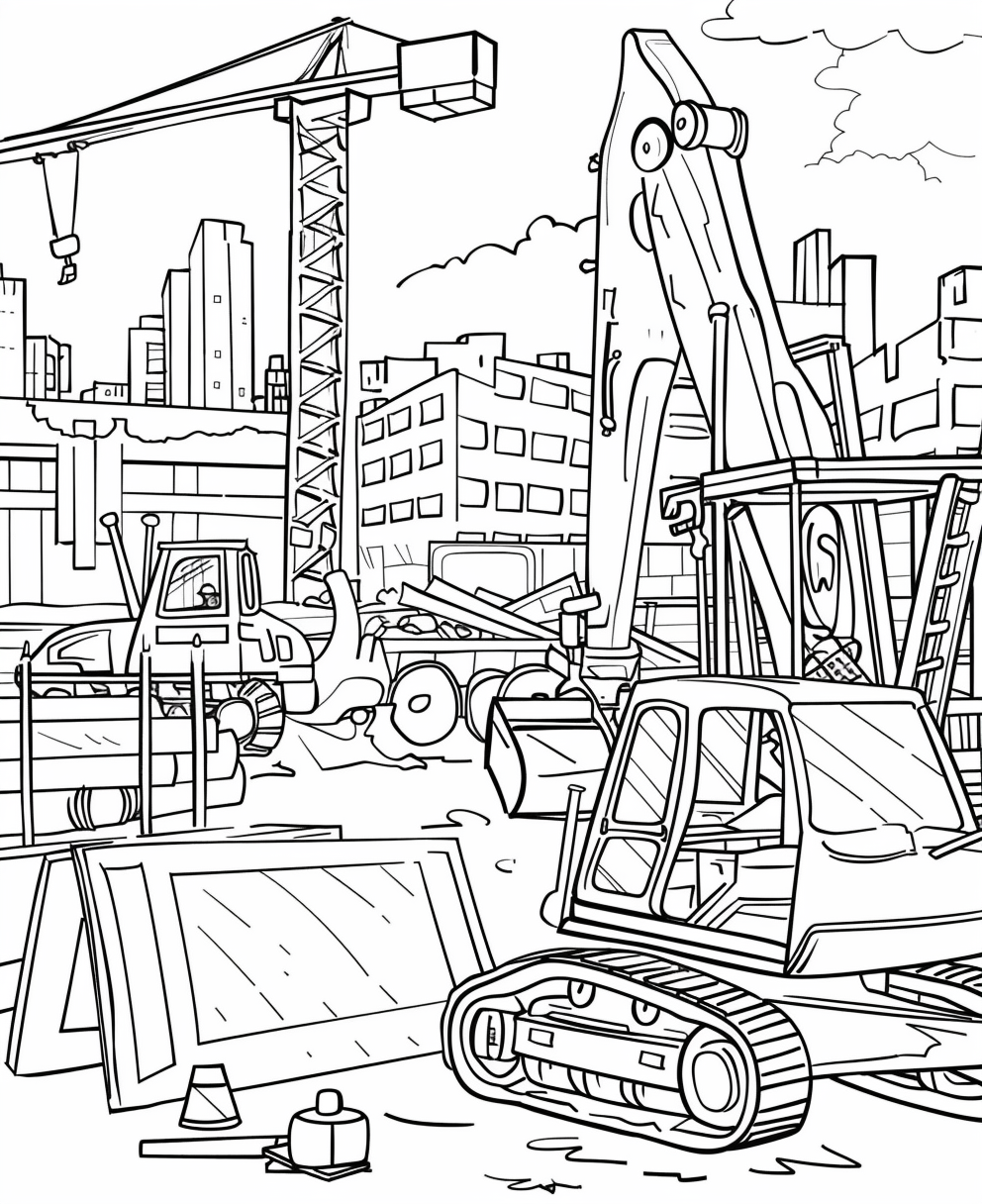 Coloring Page of Construction Site for Kids