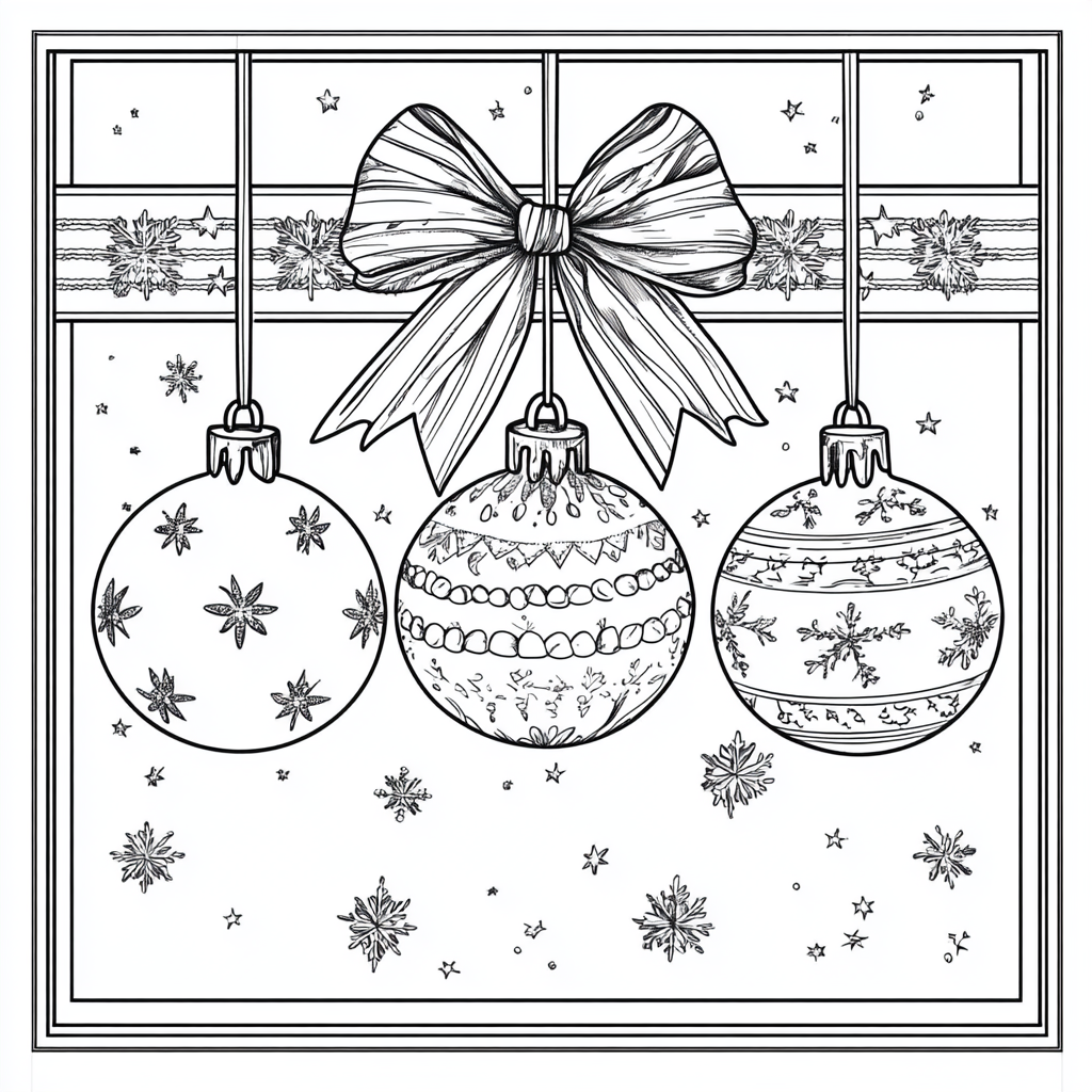 Coloring Three Christmas Baubles on Striped Bow Illustration