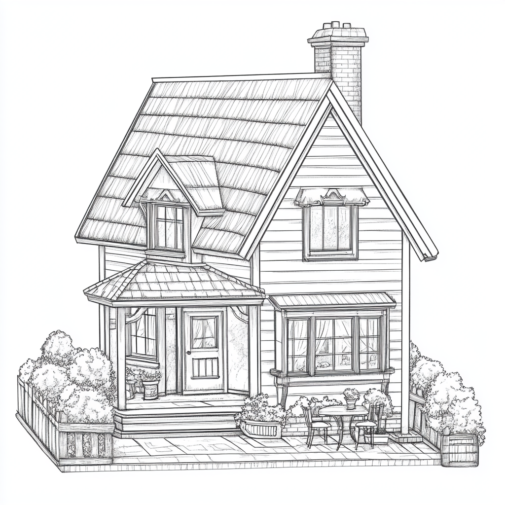 Coloring page for kids. Doll house perspective. Thick lines.