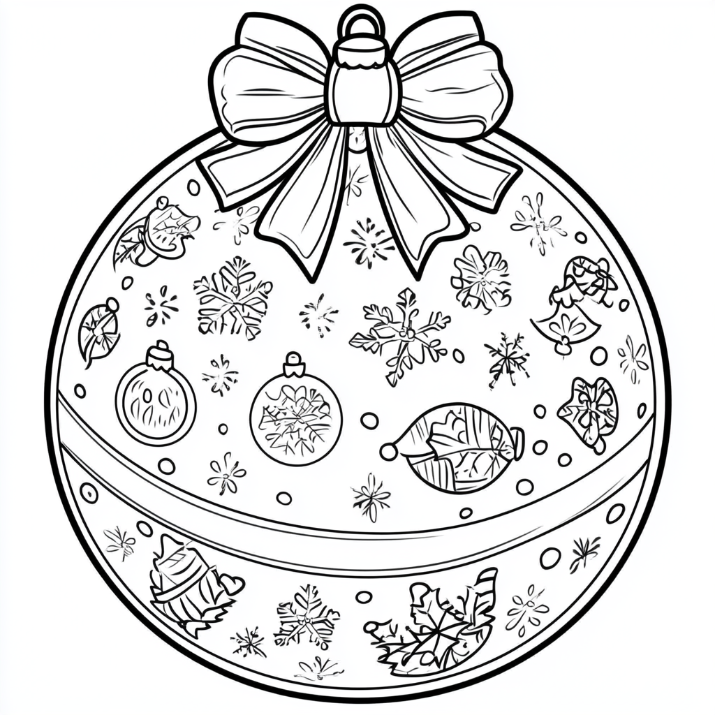 Coloring page of Christmas ball with bow on top.