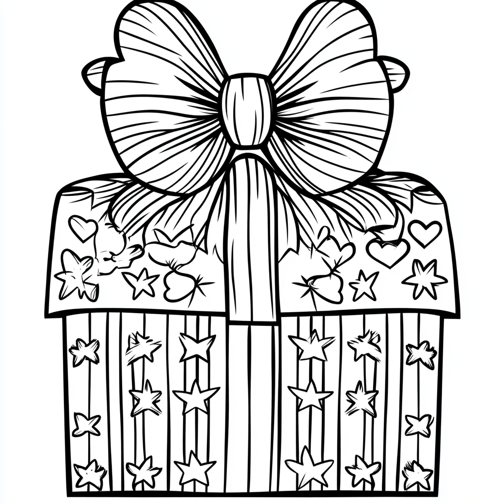 Coloring page of Christmas gift with stripes bow