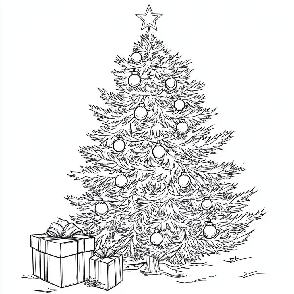 Coloring page of a Christmas tree with presents