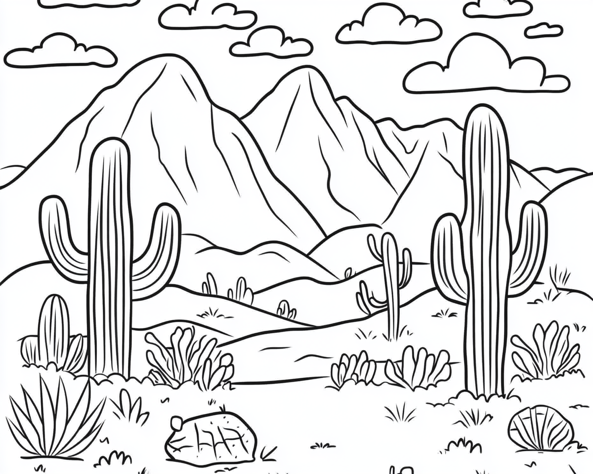 Coloring page of mountains and cactuses for kids