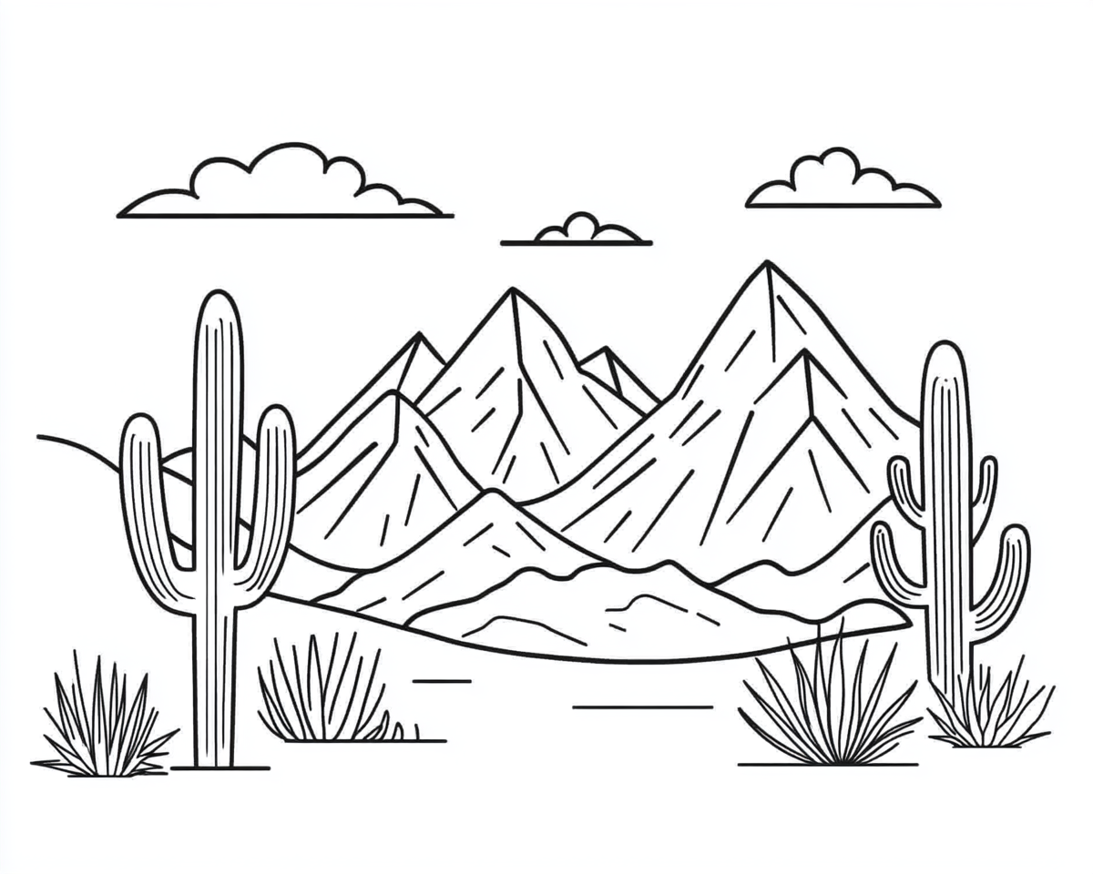 Coloring page of snowy mountains and cactuses