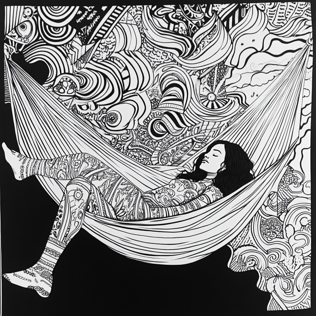 Coloring page of woman in hammock with designs