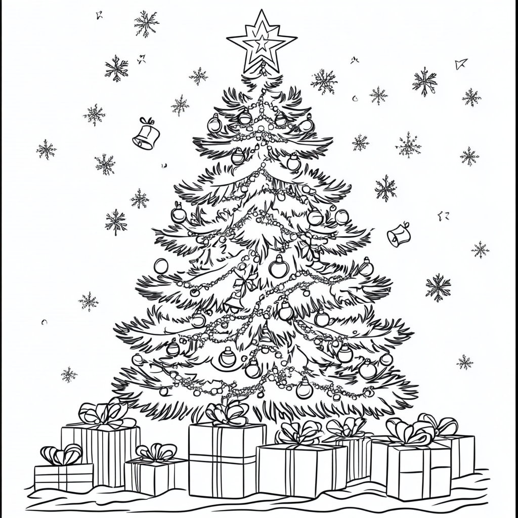 Coloring page: Christmas tree with presents for adults