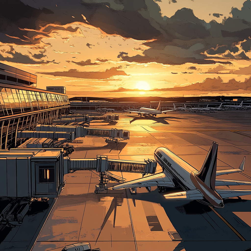 Comic Book: Modern Airport with Jet Bridges