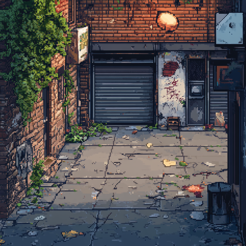 Completed horror-themed side-scroller video game sidewalk view