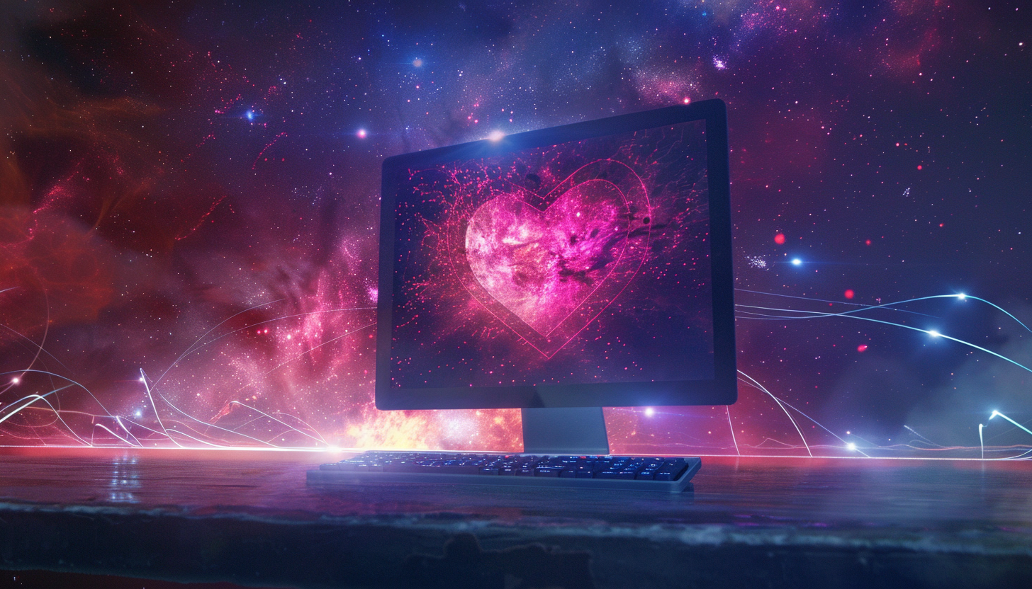 Computer with heart sending energy beams into space