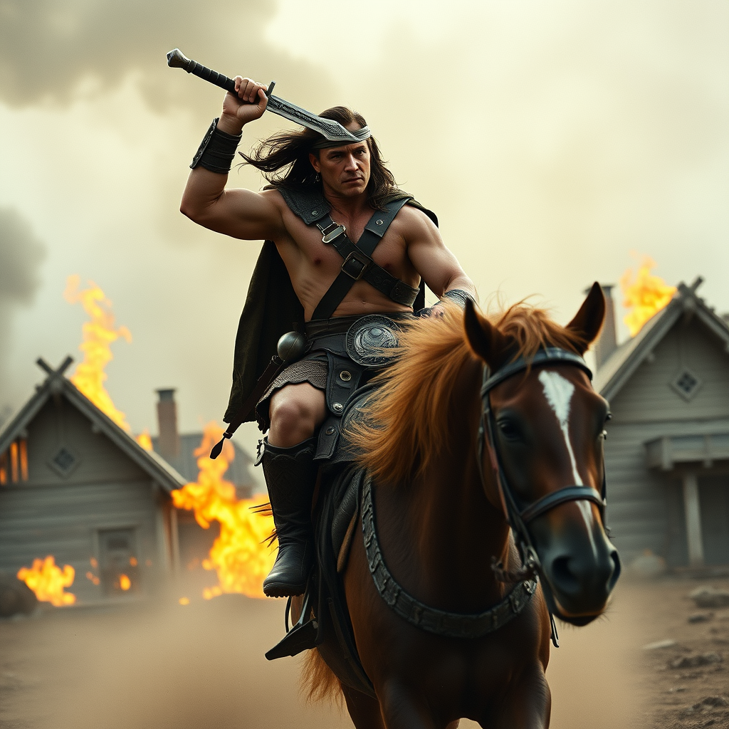 Conan Riding Horse Among Burning Homes