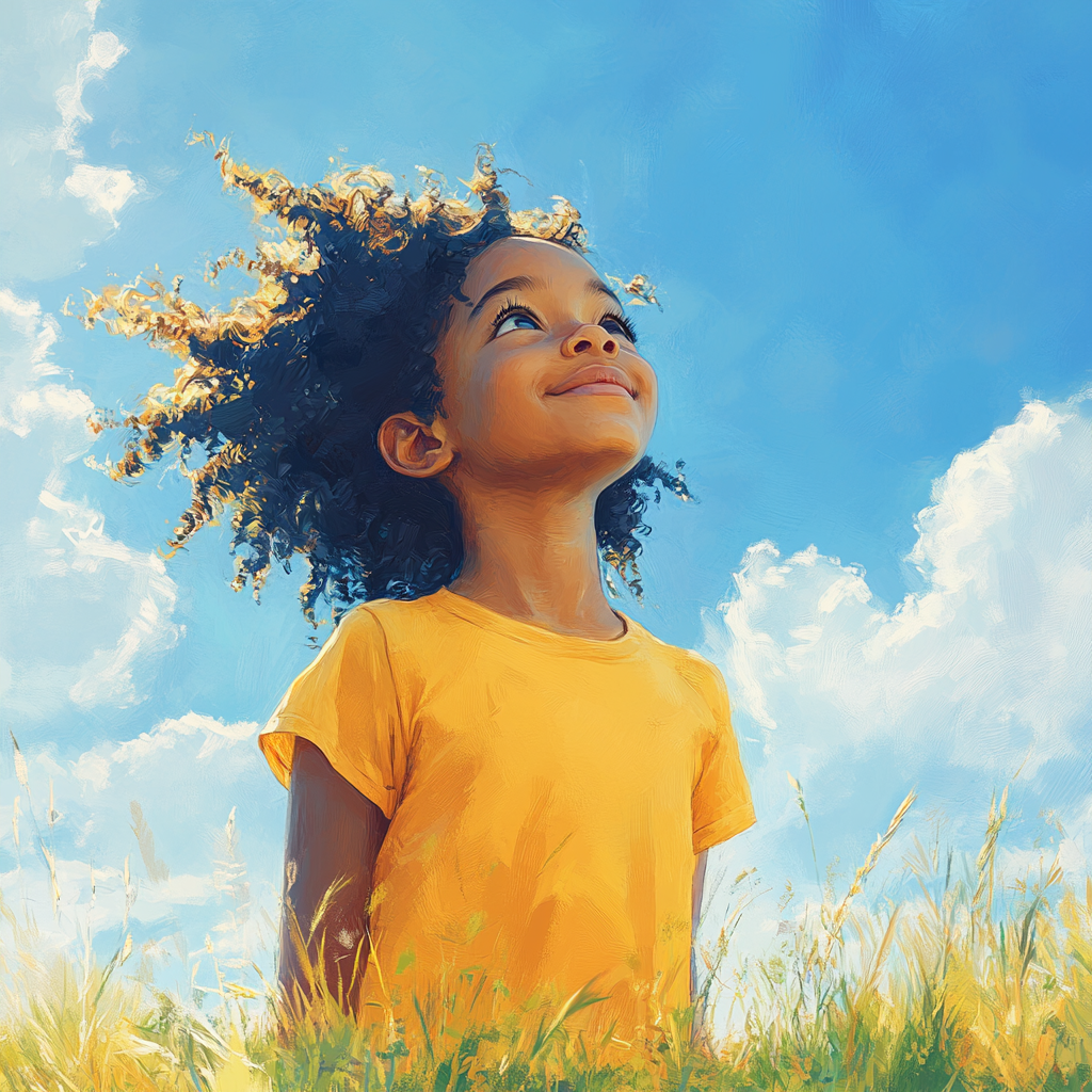 Confident Black child in vibrant, limitless sky scene.