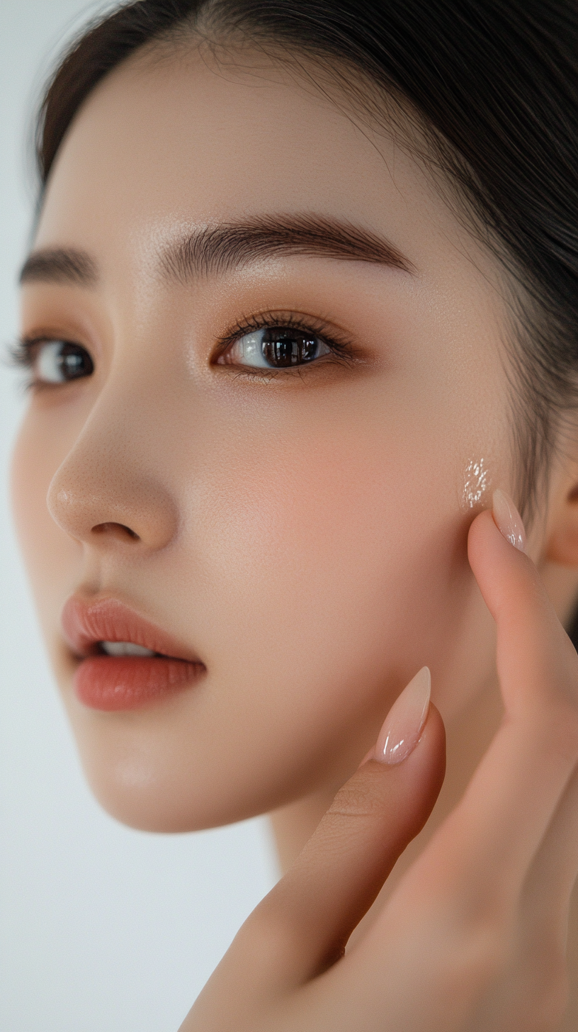 Confident Korean Woman Applying Facial Oil Beautifully