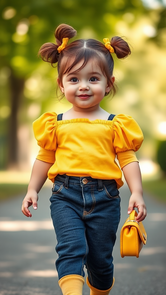 Confident Young Child in Trendy Outfit Strolling Outdoors