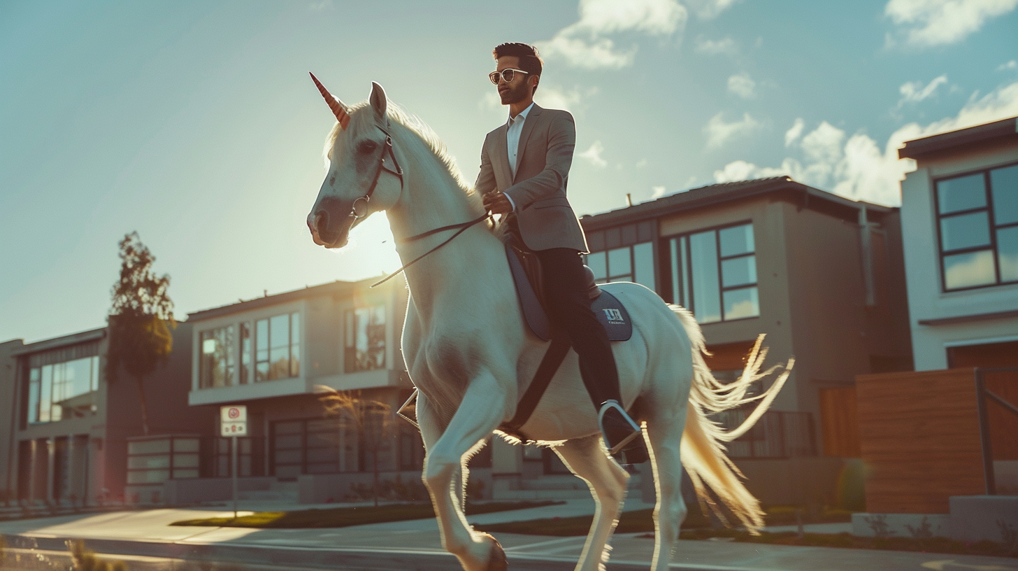 Confident agent rides unicorn in modern neighborhood setting.