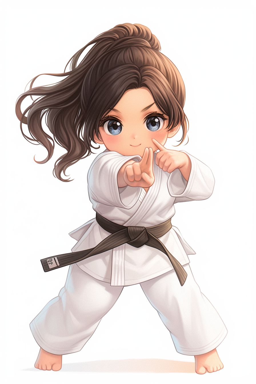 Confident girl practicing martial arts in kawaii style