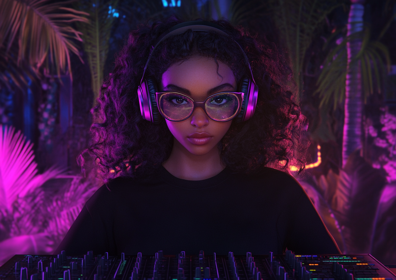 Confident kawaii punk catgirl DJ in neon jungle setting.