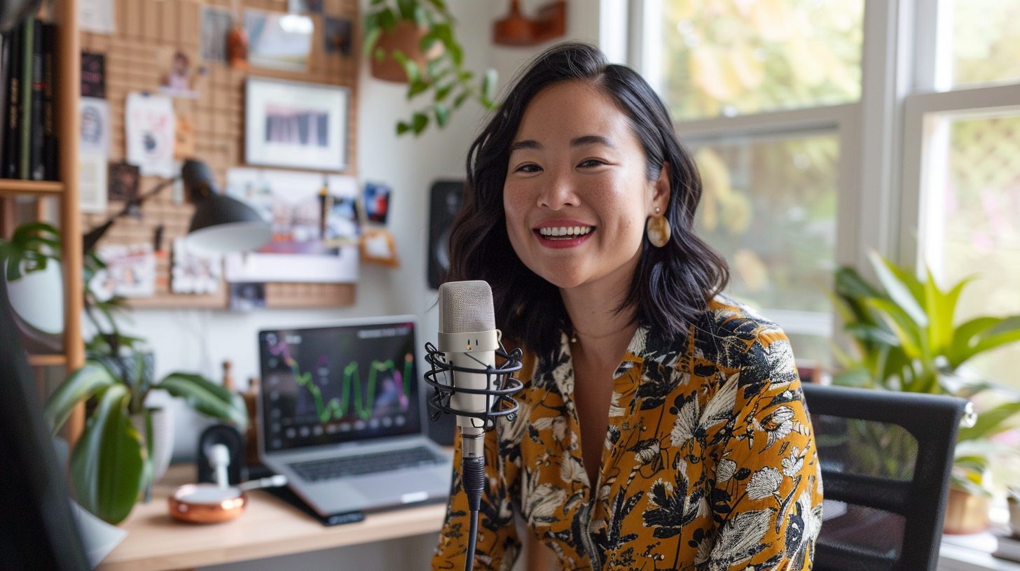 Confident woman joyfully records podcast in chic office.