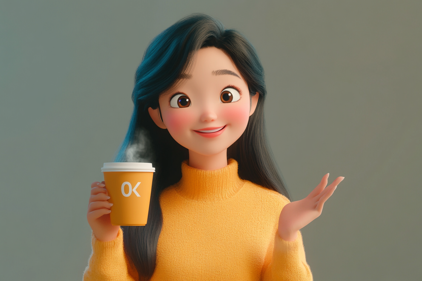 Confident young Korean woman enjoys coffee warmly