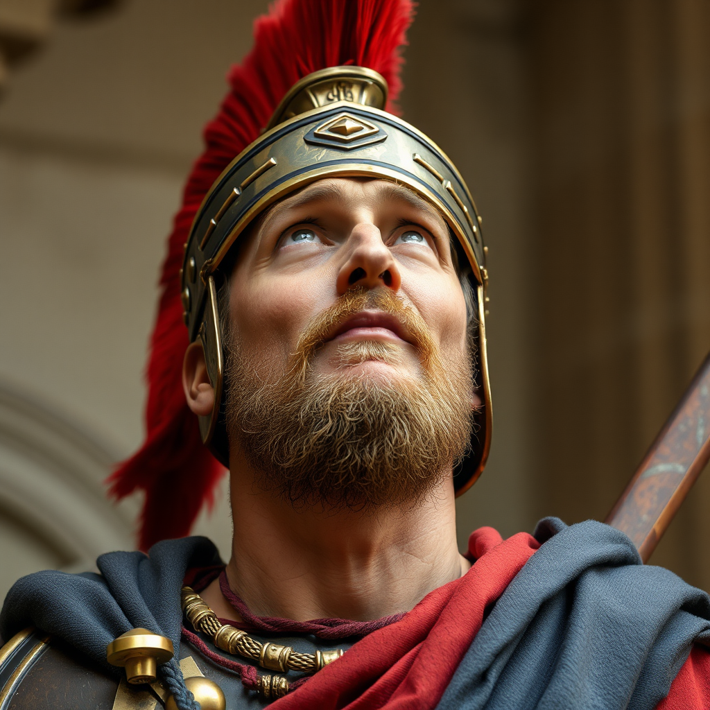 Confused Roman soldier looking up at something.