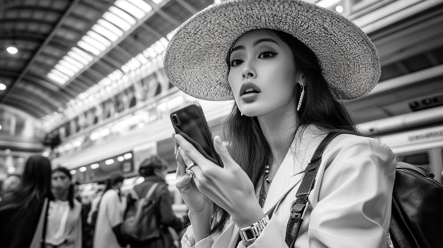 Confused woman at Paddington Station with iPhone.