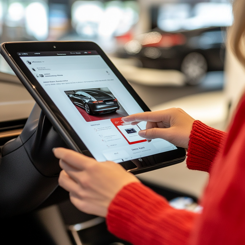 Consumer views electric vehicle details on tablet screen