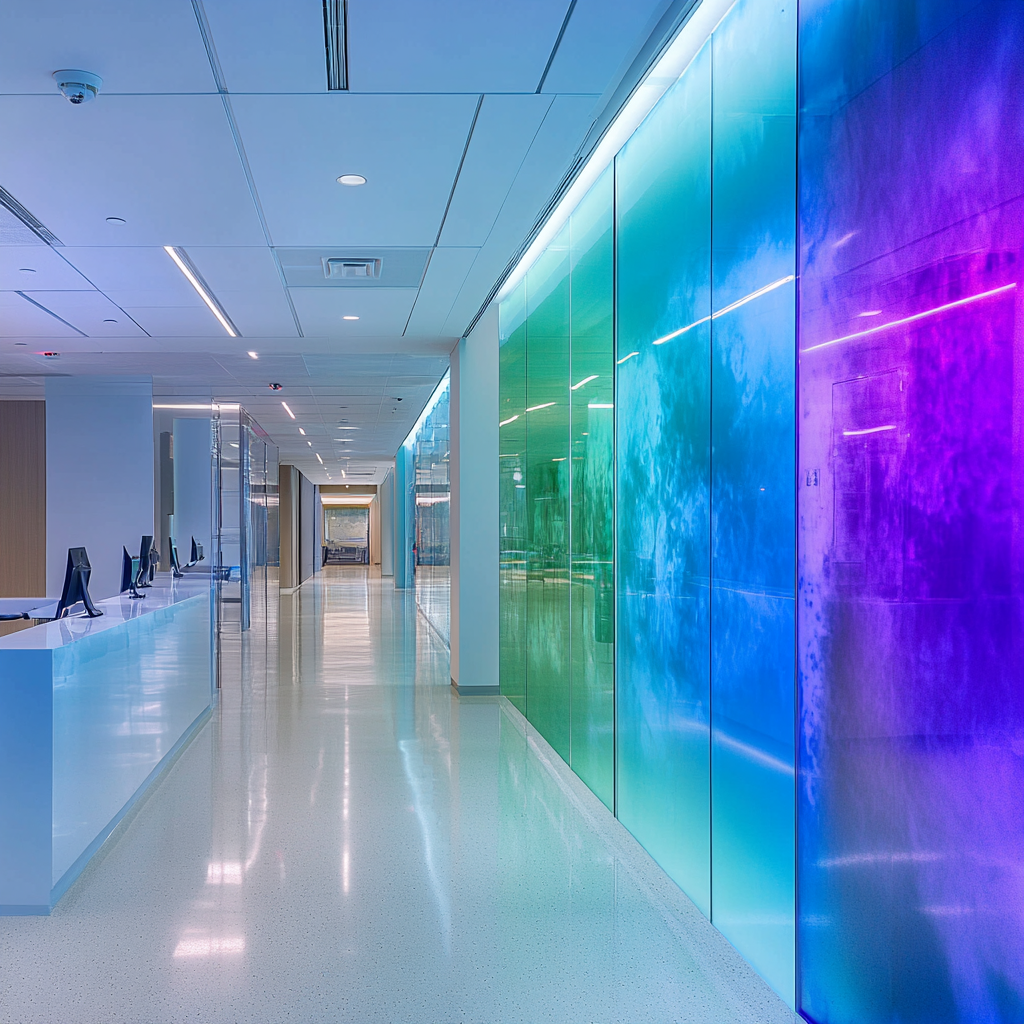 Contemporary candy-coated glass wall with medical theme