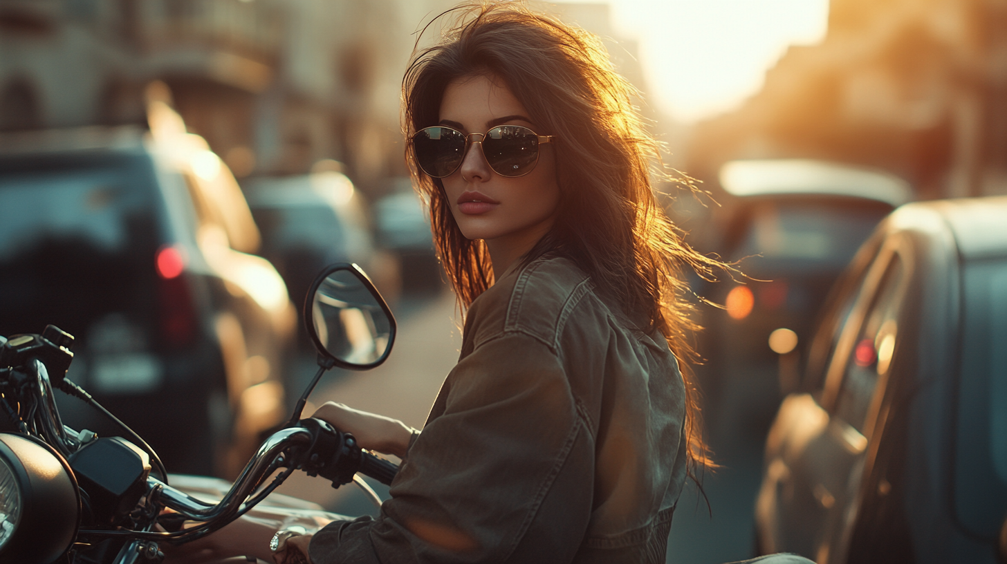 Cool girl on motorcycle, looking at camera