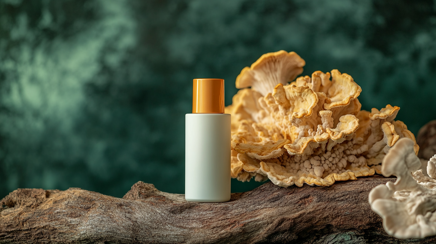 Cosmetic bottles on wood with mushrooms on green backdrop