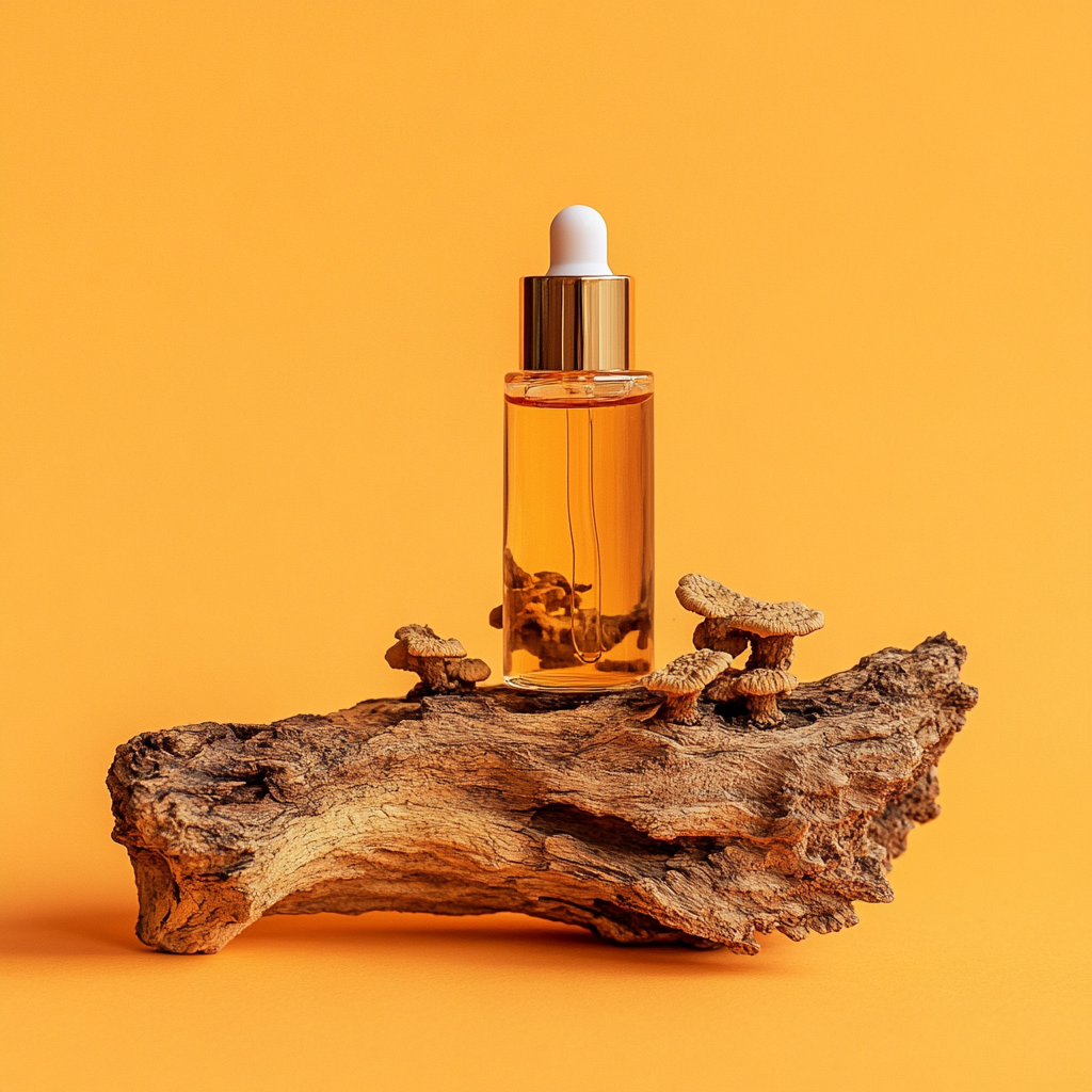 Cosmetic bottles rest on wood with fresh Cordyceps