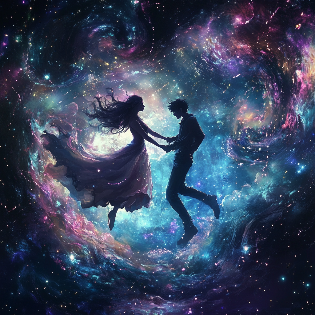 Cosmic Lovers Embrace in Sparkling Space Galactic Setting