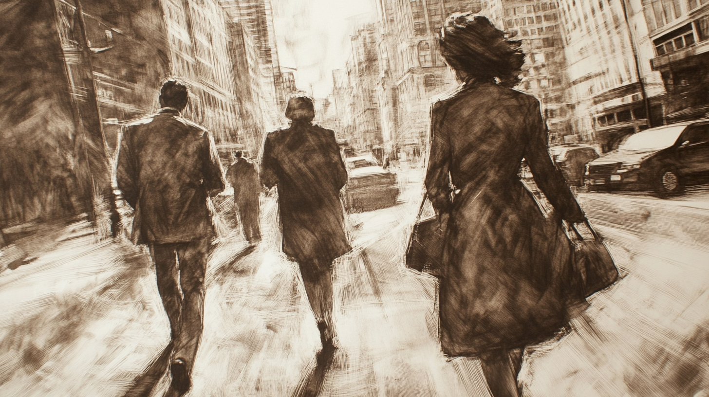 Cosmopolitan city with people walking, messy sepia art