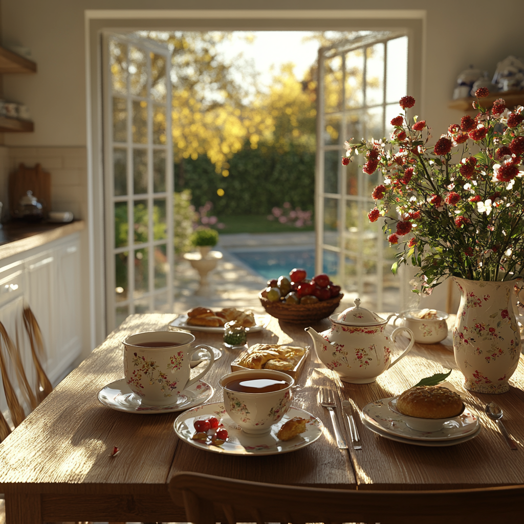 Cosy English breakfast with tea, pastries and fruit.