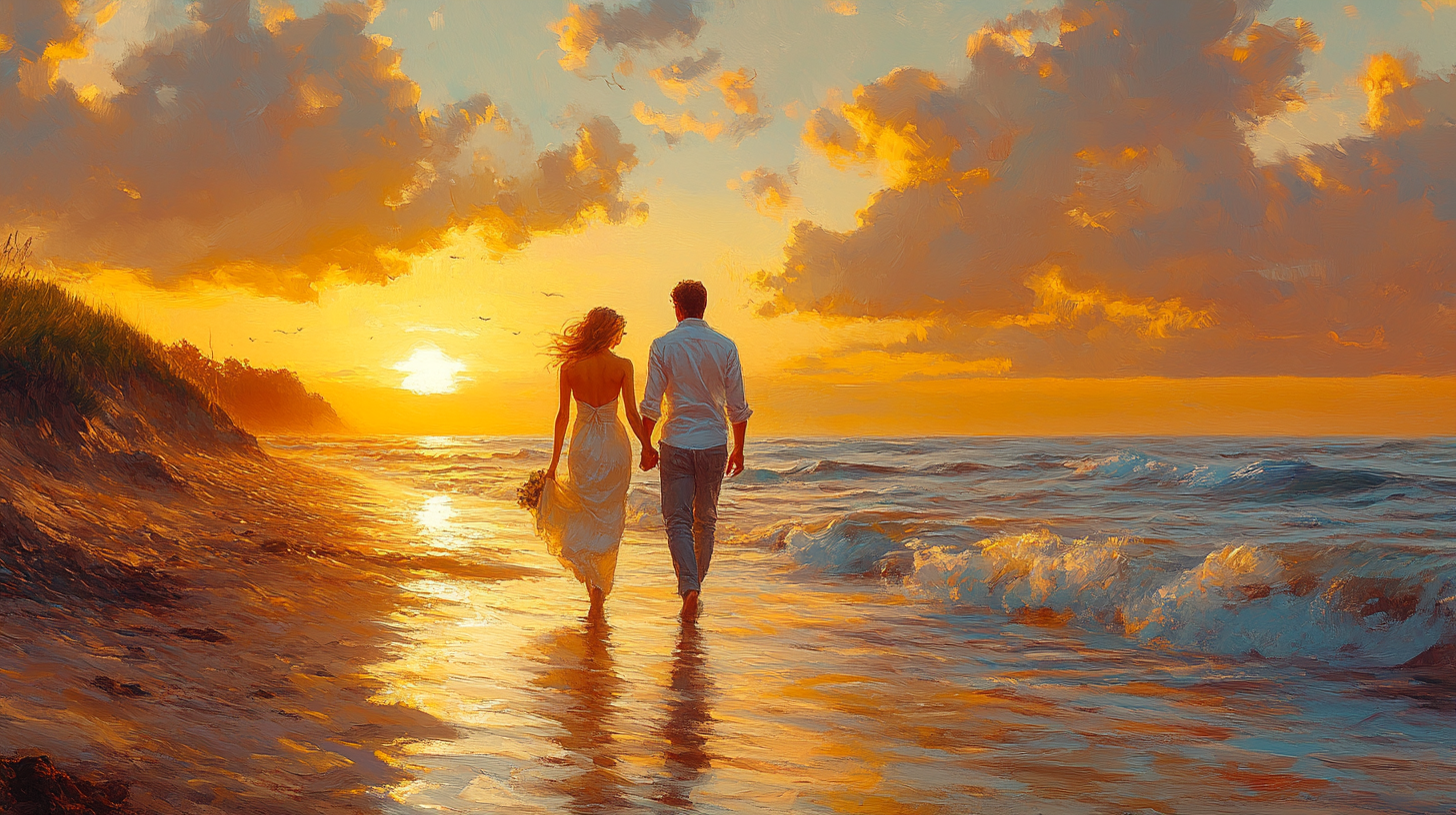 Couple Walking on Beach at Sunset, Romantic Scene