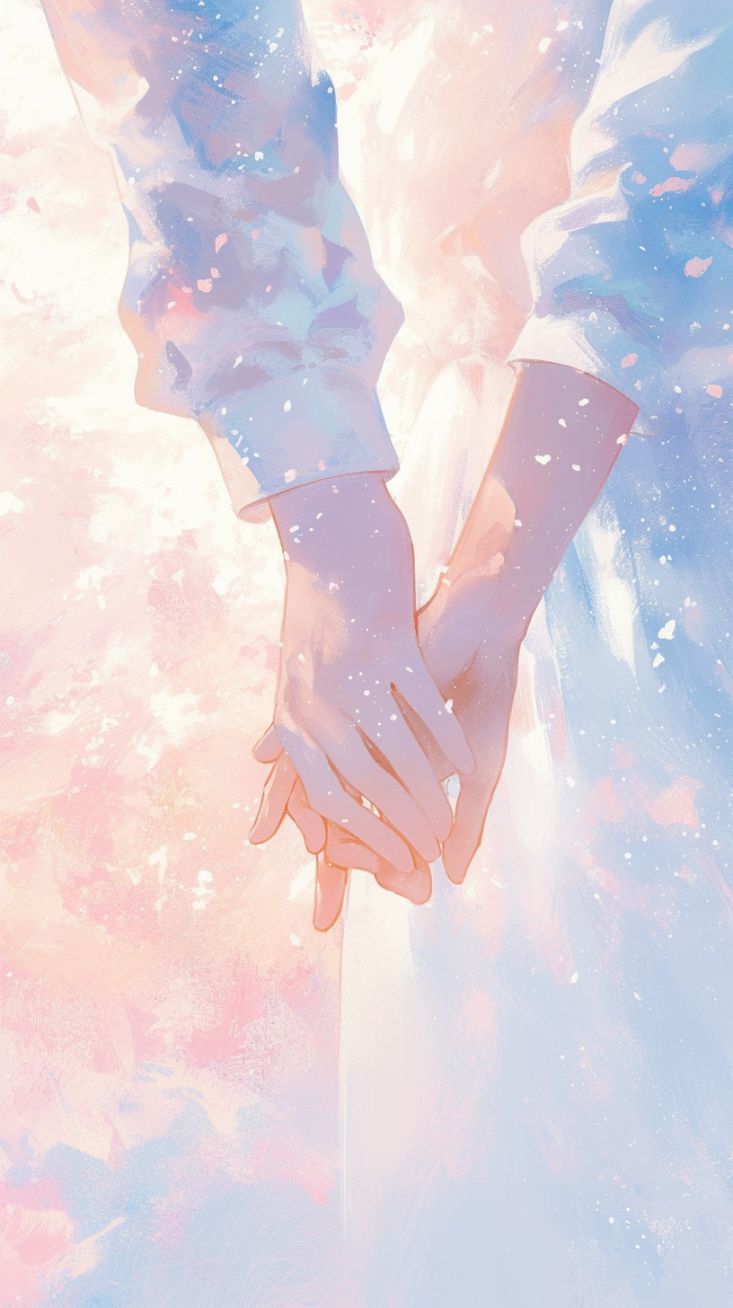 Couple holding hands, gazing lovingly, dreamy watercolor background.